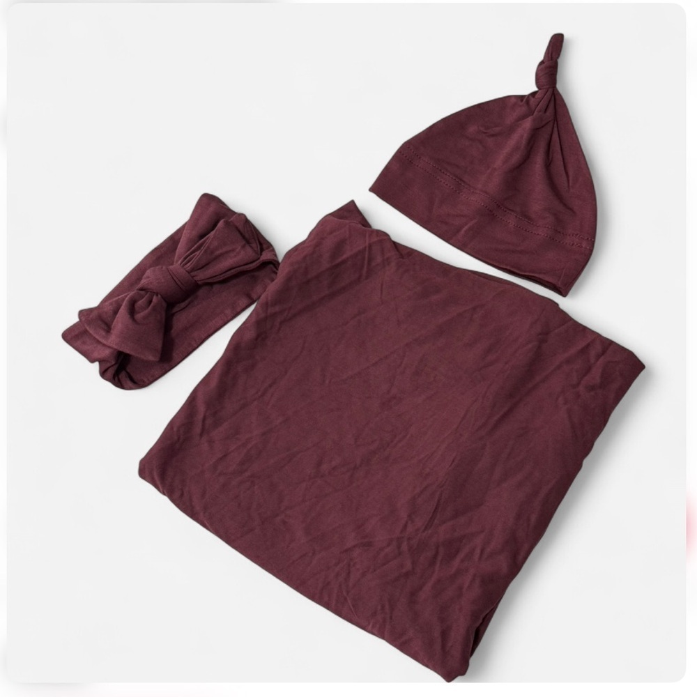 Burgundy Baby Swaddle, Hat and Headband Set in Plum